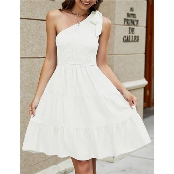 Summer Boho One Shoulder Smocked Tiered Ruffle A-line Mini Dress - Picture 3 of 6